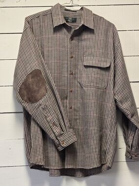Orvis Brown and Cream Checked Shirt with Suede Elbow Patches
